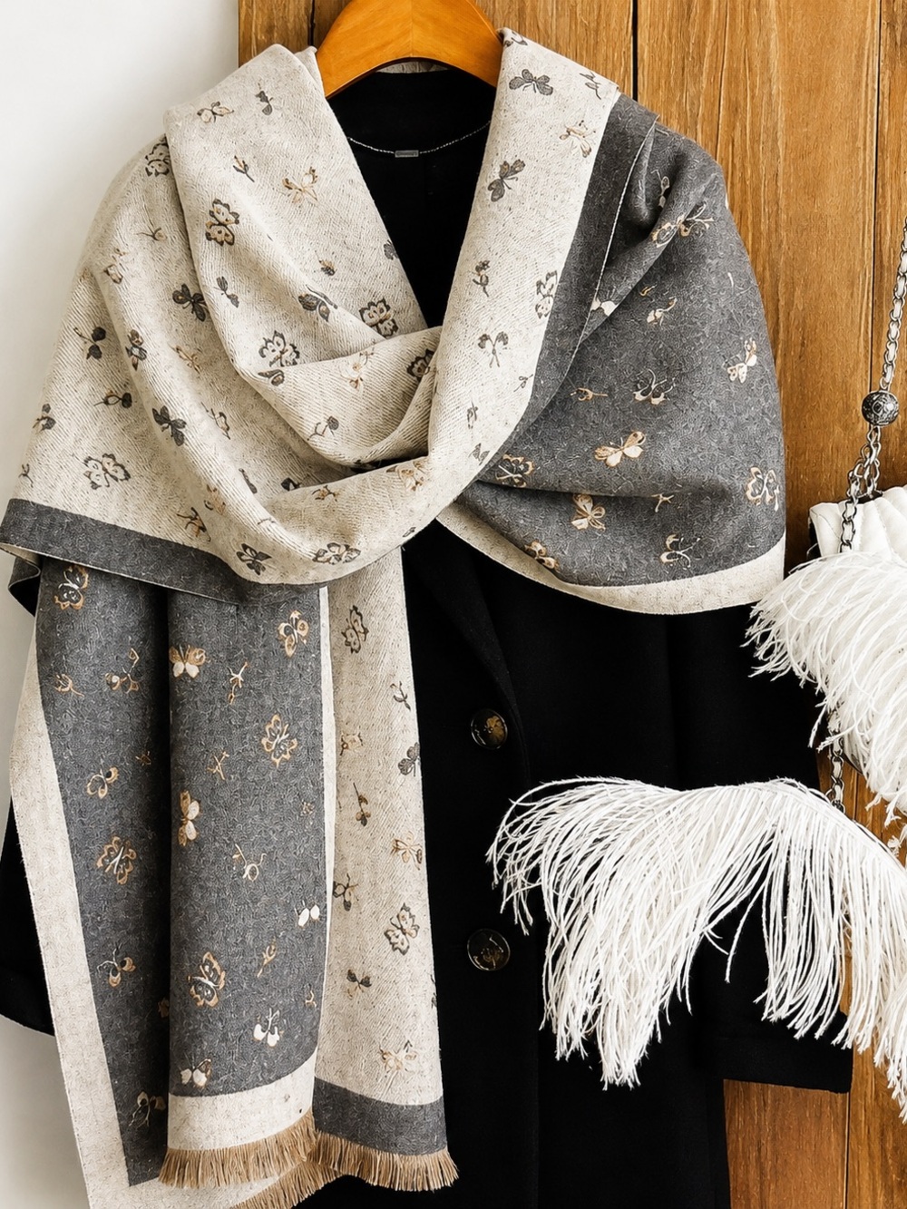 Gray/White Butterflies Reversible Wrap